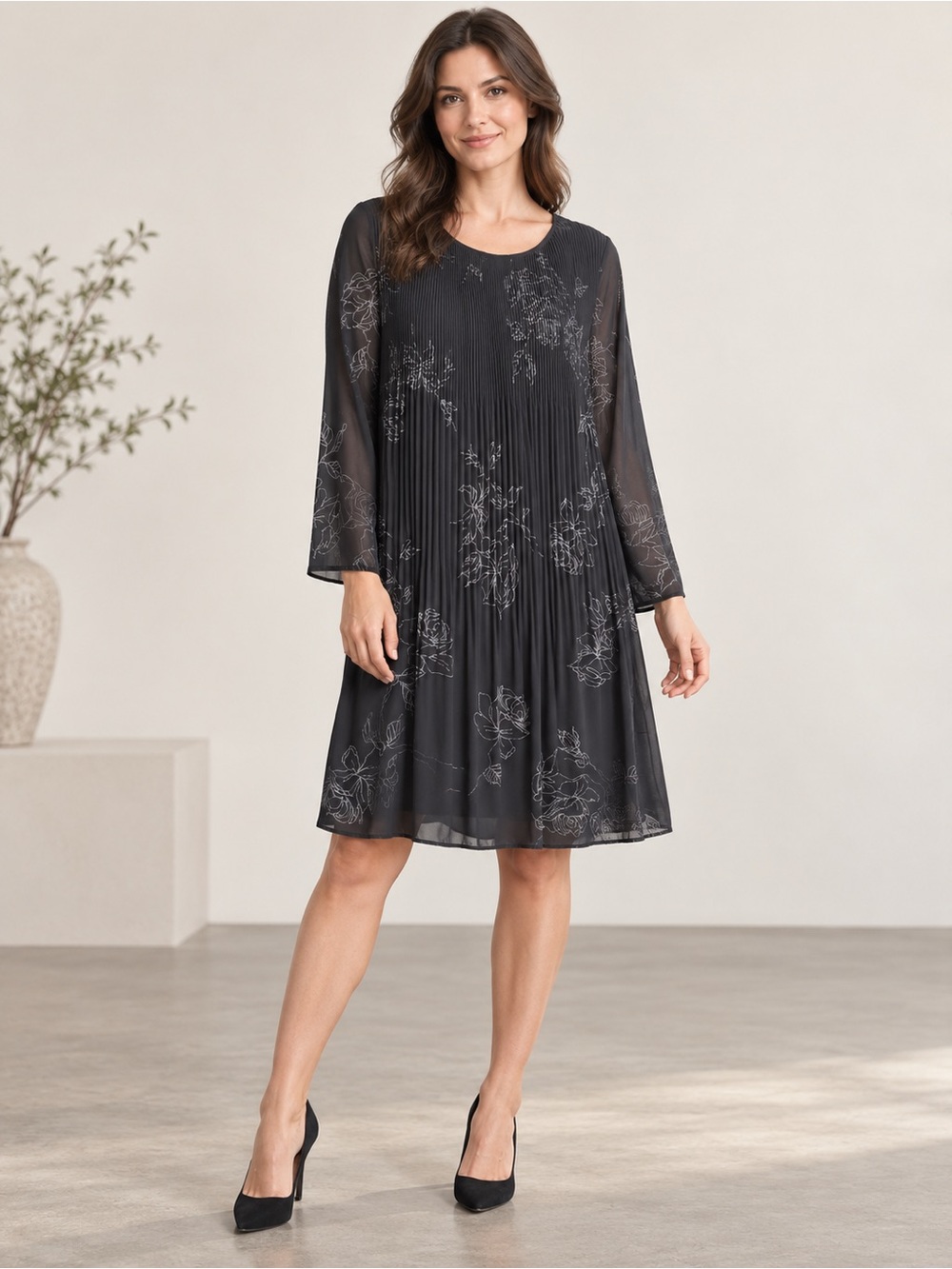 Bognar Blu Black Pleated Glitter Rose Chiffon Swing Dress